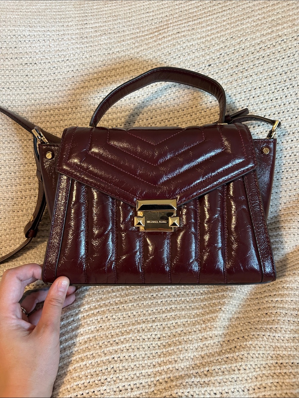 Michael Kors Quilted Patent Satchel in Deep Burgundy